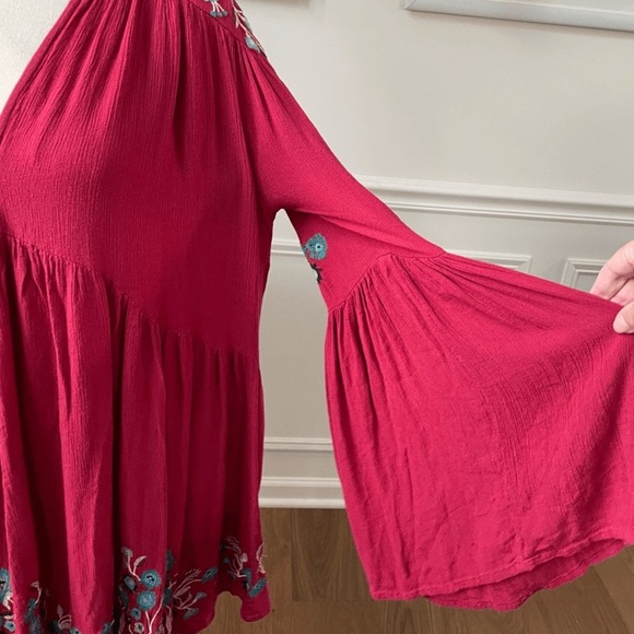 Free People Te Amo Red Embroidered Babydoll Mini Dress Sz Large - Picture 2 of 15